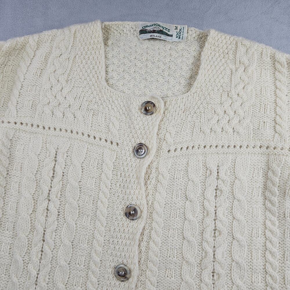 Aran Crafts Ireland Cardigan Womens M Button Up Wool Cable Knit Fisherman Ivory - Picture 2 of 15